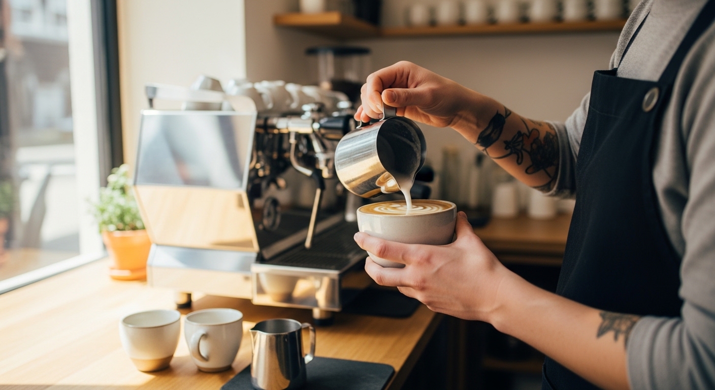 バリスタがラテアートを作る様子